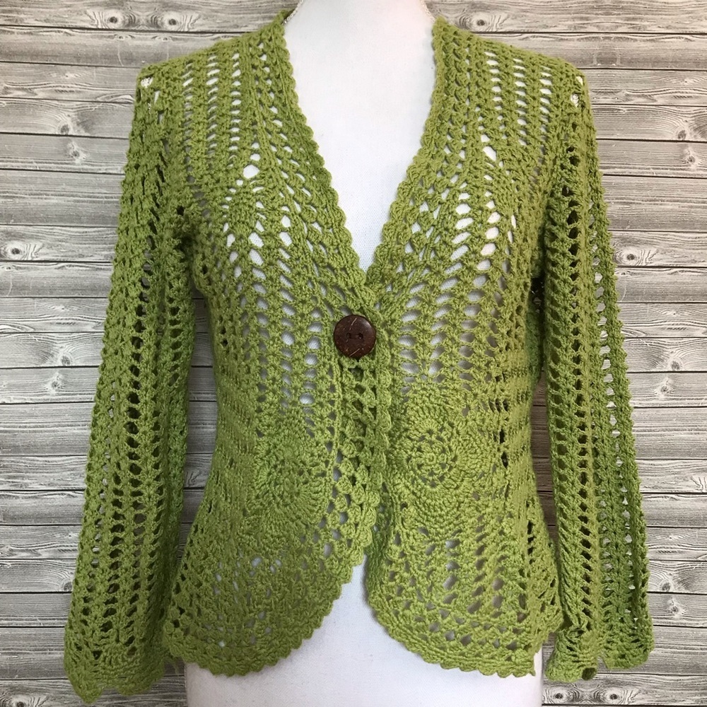 Green open knit net crochet long sleeve scalloped overlay cardigan